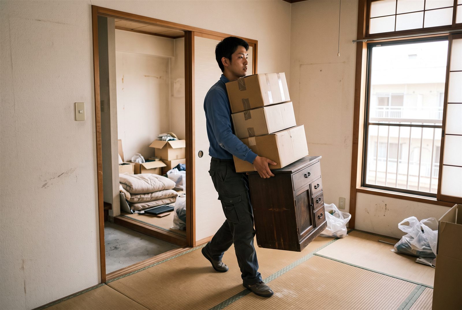 引越しの片付けで荷物を運び出すスタッフ