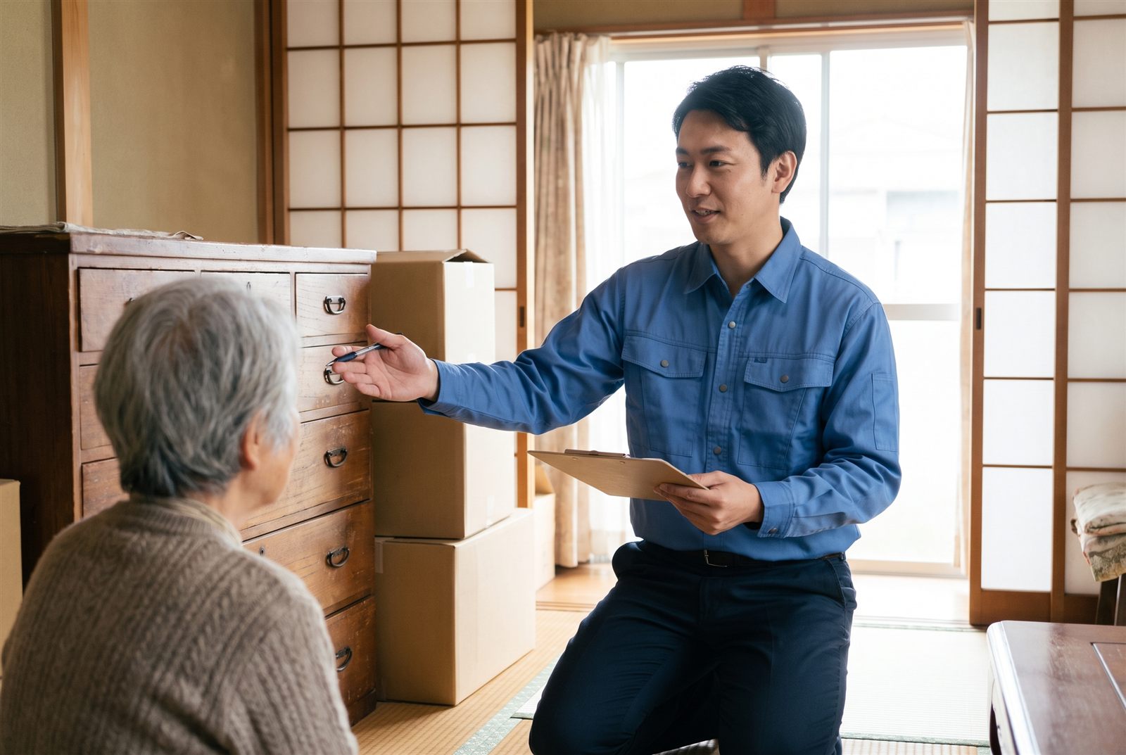お客様のお宅で見積りを行うスタッフ