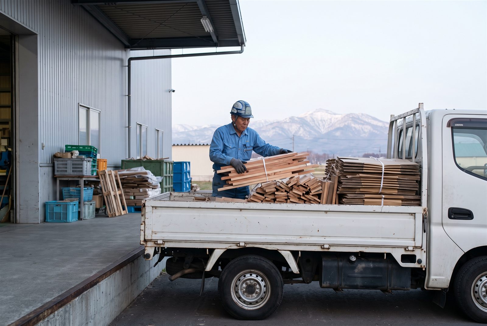 事業所で産業廃棄物を積み込む作業員